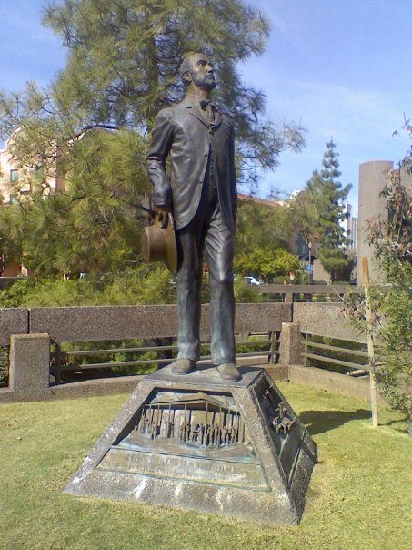 This photo shows a life-sized statue of Charles Trumbull Hayden in a park in downtown Tempe, Arizona.