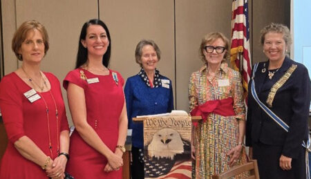 Following the oath of membership by new member, Catherine Hayden,great-granddaughter of the chapter’s namesake, Charles Trumbull Hayden.   L to R: Jane Waypa, Chaplain; Tawnya Lazar, Membership; Mary Ann Kinsman, Regent; Catherine; and Sarah Ziker, Arizona State Regent.